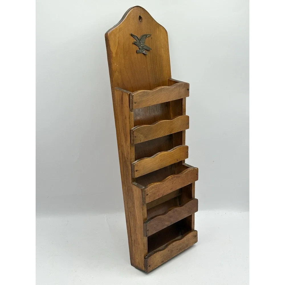 Vintage Colonial Hanging Wood Mail Holder Rack Eagle Accent Americana MCM Japan